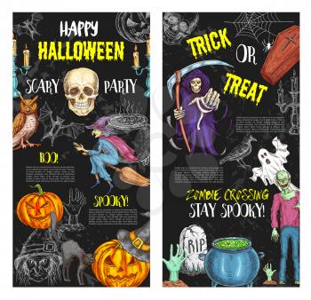 Happy Halloween party sketch poster or invitation card to ghost spooky night and trick or treat holiday celebration. Vector Halloween pumpkin and zombie monster, skeleton skull on graveyard tomb