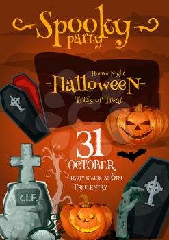 Halloween spooky night poster or death party invitation flyer template. Vector design of pumpkin lantern, coffin or skull and zombie hand for 31 October Halloween trick or treat holiday celebration