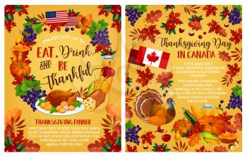 Thanksgiving day invitation poster with Canadian flag. Vector design of traditional holiday turkey and fruit pie, pumpkin, corn or fruit harvest, maple or rowan leaf for Thanksgiving design