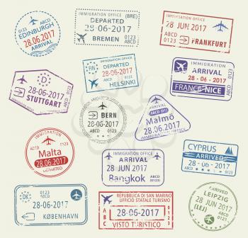 Passport city names stamp set. Edinburgh, Stuttgart and Leipzig in Germany, Bern, Helsinki or Cyprus and Bangkok in Thailand, Malta or Copenhagen and Nice. Travel country arrival vector isolated icons