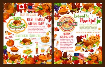 Thanksgiving day holiday greeting card or poster for seasonal autumn wishes. Turkey, fruit pie or maple leaf and oak acorn, wine or mushroom and pumpkin cornucopia harvest or pilgrim hat vector design