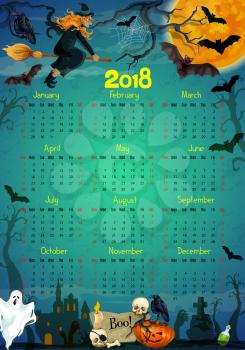 Halloween calendar 2018 template. Vector design of trick or treat horror night party with Halloween pumpkin, witch in moonlight, spooky ghost on graveyard tomb, black bat and spider web