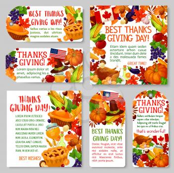 Thanksgiving Day holiday tag and label set. Autumn harvest pumpkin and corn vegetable, roast turkey, fall maple leaf, apple fruit, pie, pilgrim hat, honey and mushroom banner for greeting card design