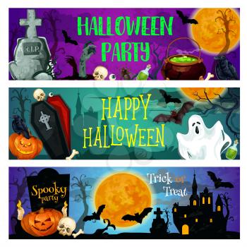 Halloween holiday spooky party banner set. Horror ghost and pumpkin lantern, bat and skeleton skull, haunted house and cemetery gravestone with coffin and witch cauldron for invitation flyer design
