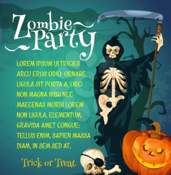 Halloween zombie party poster of october holiday celebration template. Spooky grim reaper with cape and death scythe, Halloween carving pumpkin lantern and skeleton skull for invitation banner design