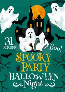 Halloween night party poster for 31 October holiday invitation to trick or treat template. Vector horror design of Halloween black house and moon, scary zombie hand or ghosts and black witch bats