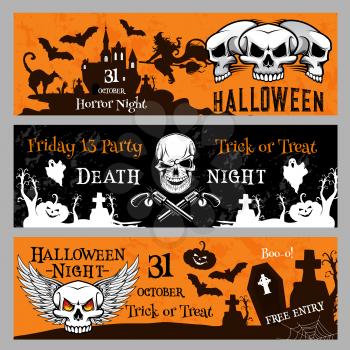 Happy Halloween Friday 13 night party banner invitation template. Vector design of pumpkin lantern, dead zombie skull and witch cat on moon for Halloween spooky trick or treat holiday celebration