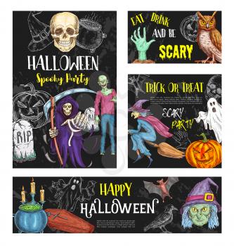 Halloween trick or treat scary party poster or invitation sketch banners. Vector Halloween pumpkin, skeleton skull and zombie monster, witch in moon and grave tomb, black bat or cat and spooky ghost