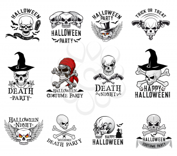 Halloween skull and crossbones icons for trick or treat night party or invitation design template. Vector isolated set of Halloween scary skull in witch hat, pirate bandana and on spooky grave tomb