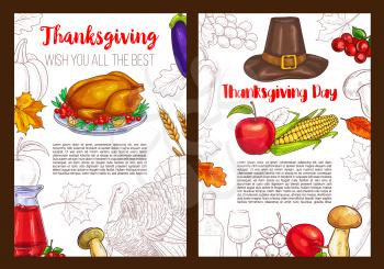 Thanksgiving Day sketch posters or greeting cards for seasonal autumn holiday celebration. Vector design of pumpkin vegetable and corn fruit harvest, traditional pie and wine for Thanksgiving dinner