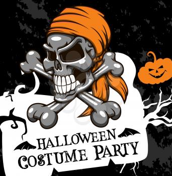 Halloween costume party invitation poster of skeleton skull on crossbones and pumpkin lantern. Vector horror scary zombie dead skull design template for Halloween trick or treat night holiday