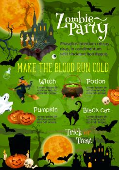 Halloween zombie horror party invitation banner. Ghost haunted house under full moon night sky poster design with Halloween pumpkin, scary witch and bat, spooky skeleton skull and cemetery grave