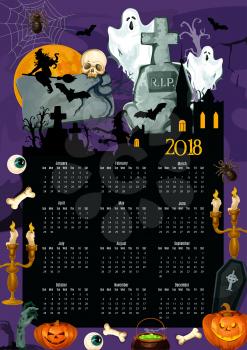 Halloween holiday calendar with traditional symbols. 2018 year calendar template with pumpkin lantern, ghost and bat, spooky skeleton skull, witch and zombie, haunted house and cemetery frame design
