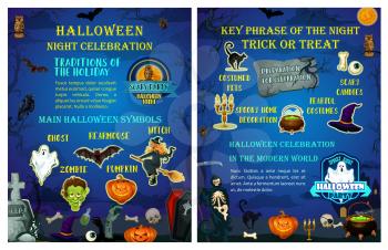 Halloween holiday celebration poster template. Halloween symbol of carving pumpkin lantern, flying ghost, witch and bat, spooky skeleton and skull, cat and spider banner for october night party design