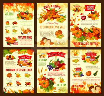 Thanksgiving day autumn sale poster or leaflet design of seasonal pumpkin or berry harvest, turkey or fruit pie and mushroom in cornucopia. Vector maple leaf, wine or oak acorn for discount shopping