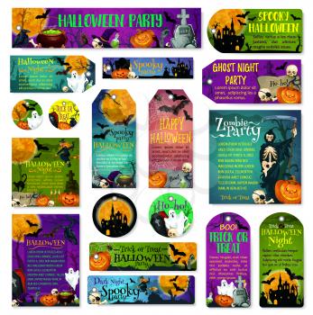 Happy Halloween spooky night party and trick or treat greeting cards and posters design of scary ghost and pumpkin on graveyard tombstone. Vector Halloween holiday zombie skull and tomb grave