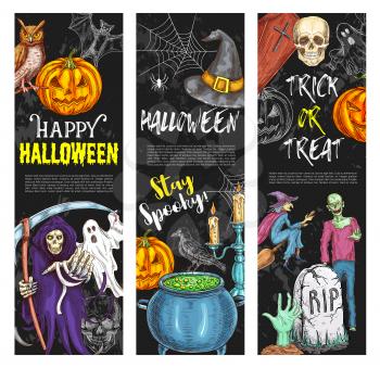 Halloween night holiday sketch greeting banners of pumpkin lantern and spooky ghost. Vector trick or treat design template of Halloween zombie skull, witch or black cat, coffin and candle on grave
