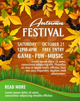Autumn festival invitation poster or web banner template for music party or seasonal park picnic. Vector design of maple leaf, oak acorn or rowan berry on autumn green grass and wood background