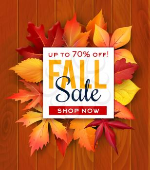 Autumn sale poster of fall leaves of maple, chestnut or poplar and oak on wood background. Vector seasonal autumn shopping discount promo sale web banner design of birch and aspen foliage