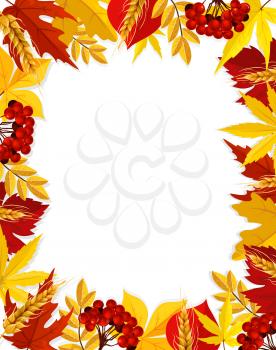 Autumn poster template with blank space and foliage frame of maple, poplar or chestnut and birch leaf, oak acorn and rowan berry. Vector wheat and rye harvest in falling leaves for autumn greeting