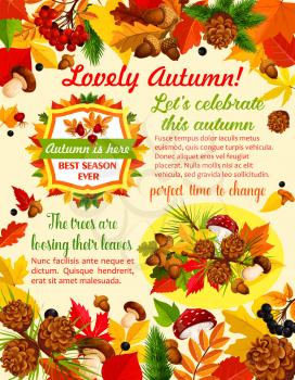 Autumn season banner template with fall nature leaf and mushroom. Autumn maple leaves, september foliage of chestnut, oak tree with acorn, cep and amanita mushroom, briar and rowan berry poster design