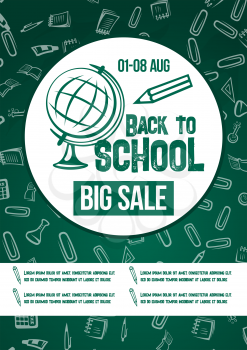 Back to School Big Sale poster or web banner template on green school chalkboard patten of vector geometry globe, pencil or math book, school computer and ruler for seasonal special discount offer