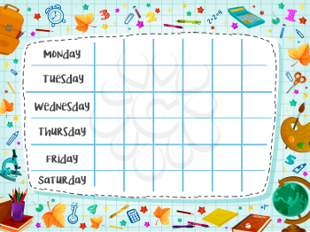 School timetable template or weekly lesson schedule on checkered page. Vector school backpack rucksack, book, pencil or pen stationery and globe or autumn maple leaf pattern background