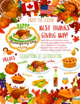 Thanksgiving Day banner of fall harvest celebration template. Autumn holiday dinner with roast turkey and pumpkin pie poster, framed by fall leaf, pilgrim hat and cornucopia with vegetable and fruit