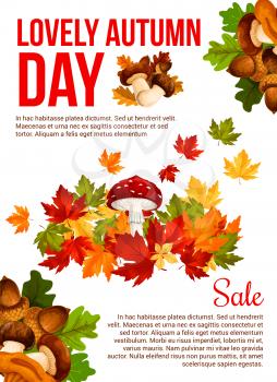 Autumn sale promotion banner template. Fall season leaf and forest mushroom discount offer poster with autumn maple foliage, chanterelle, cep and amanita, acorn and oak branch for retail design