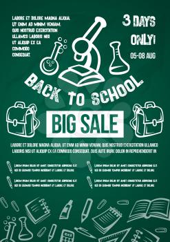 Back to School Big Sale or special offer poster for autumn august or september school shopping promo discount. Vector design of school supplies and stationery pattern on green chalkboard background