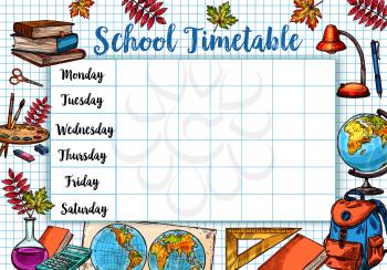 School timetable template or lesson schedule on checkered page background. Vector design of school backpack rucksack, book, pencil or pen stationery supplies and geography globe or autumn maple leaf