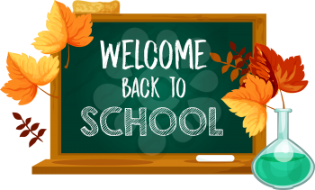 Welcome Back to School poster of school green chalkboard, chemistry lesson chemicl vial beaker and autumn leaves foliage of maple, oak or rowan and chstnut leaf fall. Vector Back to School design