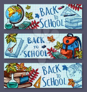 Back to School banners on checkered pattern page background. Vector ink pen design of school rucksack, geography globe map, school book and pencil or eraser stationery in autumn maple and rowan leaf