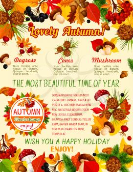 Autumn leaf, mushroom and berry banner template of fall season holiday. Orange foliage of forest tree with amanita and chanterelle mushroom, acorn, wild berry branch and greeting wishes text layout