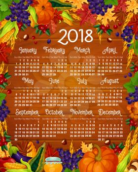 Autumn calendar 2018 template of seasonal vegetable harvest, berries and falling leaves. Vector design of rowan berry, pumpkin or mushroom and oak acorn, falling maple or chestnut leaf foliage on wood