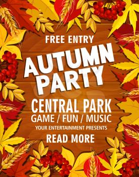 Autumn party or park music festival invitation poster or web banner template. Vector design of maple or chestnut and poplar leaf, oak acorn or rowan berry and autumn birch foliage on wood background