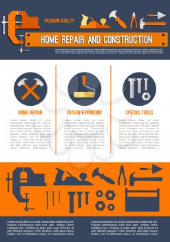 Home repair and construction poster or vector landing page template of work tools for house finishing design paint brush, hammer or screwdriver and wrench or plaster trowel, carpentry plane in toolbox