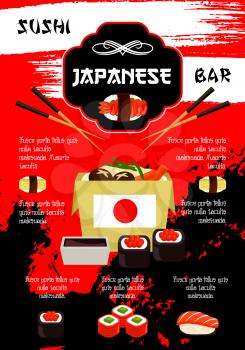 Sushi bar poster for Japanese seafood restaurant cuisine. Vector template of sushi rolls, salmon fish maki or noodle or miso soup and tuna sashimi, tempura shrimp prawn on steamed rice with soy sauce