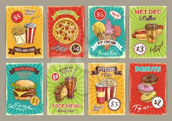 Fast food price cards for fastfood restaurant menu. Vector french fries, soda drink or pizza and ice cream or chocolate donuts dessert, cheeseburger or tacos and popcorn, hot dog with coffee