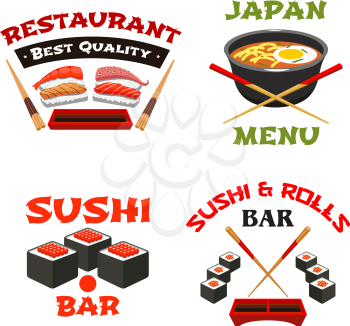 Japanese food icons set for sushi bar or restaurant. Vector isolated symbols of sushi rolls, seafood noddles and steamed rice, soy sauce with chopsticks, eel or salmon sashimi with shrimp tempura
