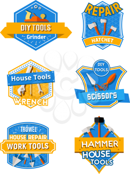 Work tools icons set for home repair or carpentry and renovation service company. Vector isolated toolbox of plaster trowel spatula, pliers or nippers and hammer mallet with screwdriver and scissors