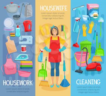 Housewife at housework banners set for home cleaning, washing and cooking. Vector kitchenware washer, vacuum cleaner, mopping sponge and glass cleaner or garbage bin and detergent or sewing machine
