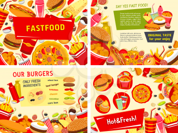 Fast food posters templates set for restaurant or fastfood cafe delivery. Vector hot dog, cheeseburger or burger sandwich, pizza or tacos and donut cake or ice cream dessert and french fries