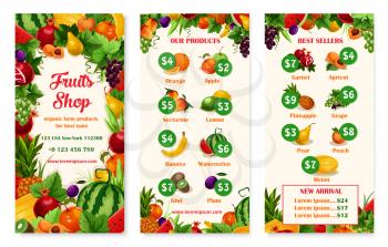 Fruit shop price menu vector template for fresh farm fruits orange, apple or lemon and banana, tropical pineapple or exotic kiwi and watermelon, juicy harvest nectarine peach, pear, apricot and melon