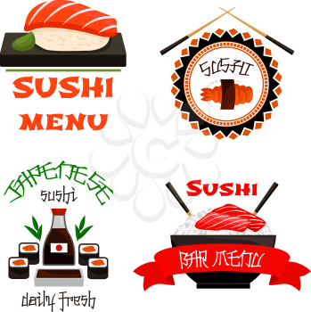 Sushi bar icons for Japanese restaurant cuisine menu template. Vector set of sushi roll, green tea or tempura shrimp, salmon fish maki or seafood noodle soup or rice bowl of tuna sashimi, chopsticks