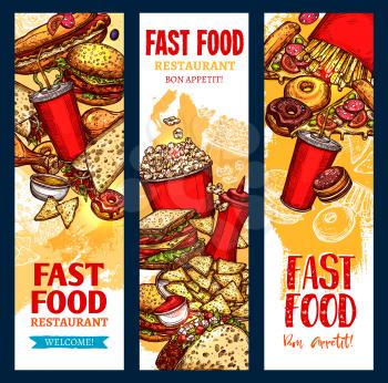 Fast food banners set of pizza, cheeseburger or hamburger and hot dog, french fries or tacos and chicken nuggets. Vector coffee or soda drinks and ice cream dessert for fastfood restaurant meals menu