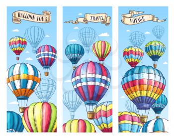 Hot air balloon travel tour banners set for voyage and festival or cloudhopper entertainment show. Vector balloons sketch design in zig zag, checkered and stripe pattern for tourism agency or vacation