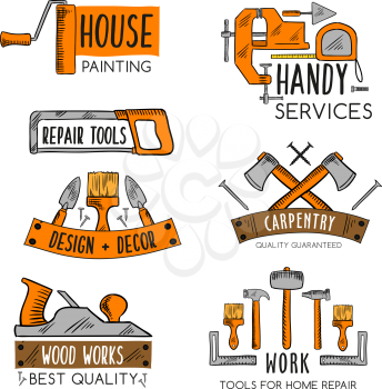 Home repair or handy service vector icons templates set of construction and carpentry or house finishing work tools of painting brush or hammer, screwdriver or wrench and vise or plane and trowel