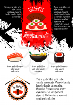 Sushi restaurant vector poster for Japanese cuisine of seafood noodles, sushi rolls or fish maki and eel guncans or salmon sashimi, tempura shrimp prawn on rice with miso soup and chopsticks for menu