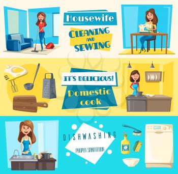 Housework washing, sewing or cleaning and dishwashing banners set. Vector housewife woman with vacuum cleaner or sewing machine, wash dishes tableware saucepan, grater, spoon or fork in kitchen washer